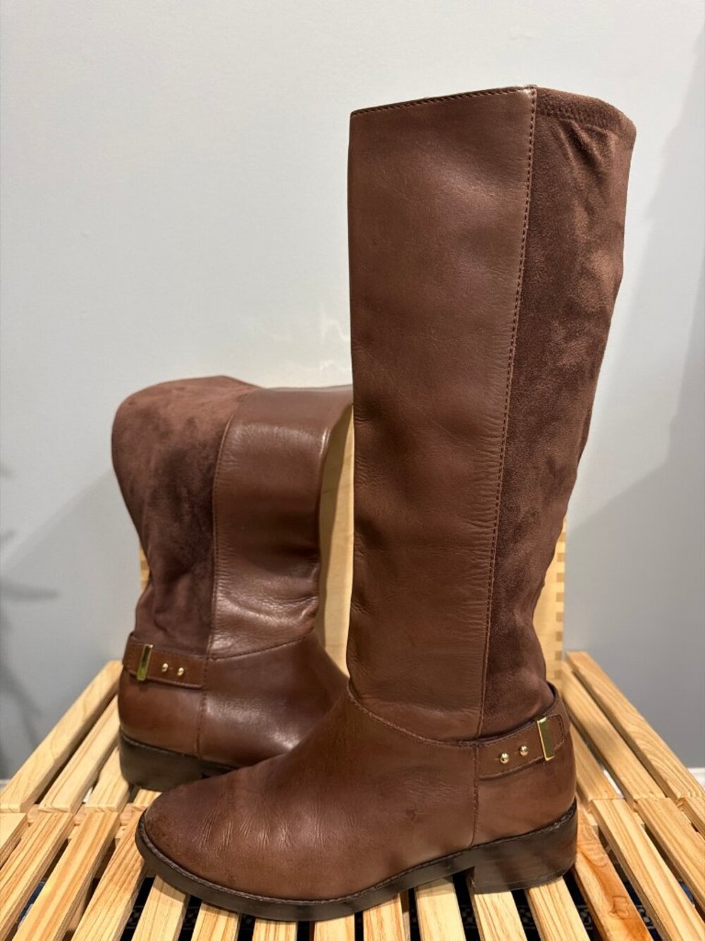 Carolina Herrera CH Brown Leather Tall Boots – Ankle Strap Buckle 8.5B